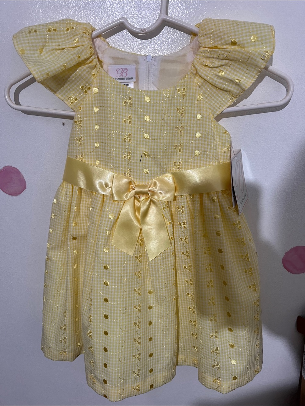 Bonnie Jean Yellow Gingham Dot Satin-Bow Party Dress